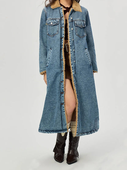 Women's Long Cotton Padded Denim Coat - Velvet Lined