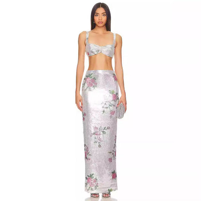 Romantic Vacation Fresh Retro Printed Thin Mesh Skirt Summer Elegant Casual Skirt Sequins