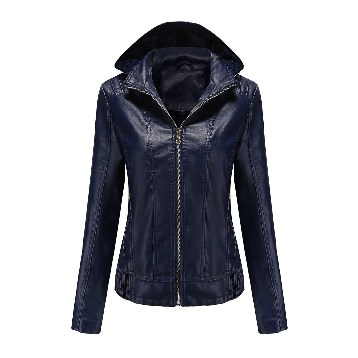 Fall Winter Hooded Leather Coat Women's Detachable Hat Long Sleeve Zipper Fleece-Lined Leather Jacket Slim Coat
