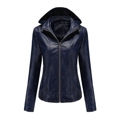 Fall Winter Hooded Leather Coat Women's Detachable Hat Long Sleeve Zipper Fleece-Lined Leather Jacket Slim Coat