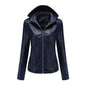 Fall Winter Hooded Leather Coat Women's Detachable Hat Long Sleeve Zipper Fleece-Lined Leather Jacket Slim Coat
