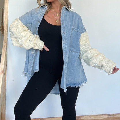 Loose Stitching Sweater Sleeve Denim Woolen Women Coat