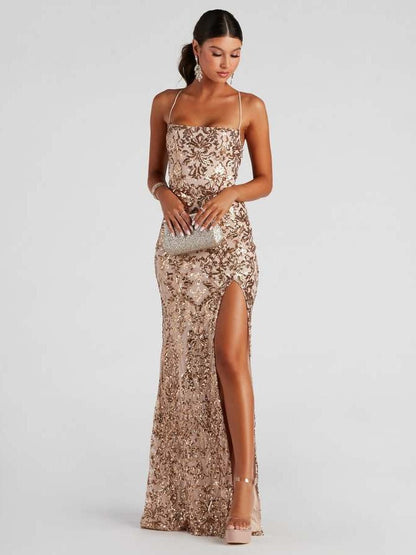Sexy off Neck Sequined Floor Evening Dress Elegant Slit Cocktail Dress (3 Colors)