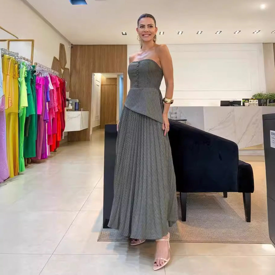 Tube Top Design Irregular Asymmetric Pleated Dress Spring Autumn Women Two Piece Sets Younger Women