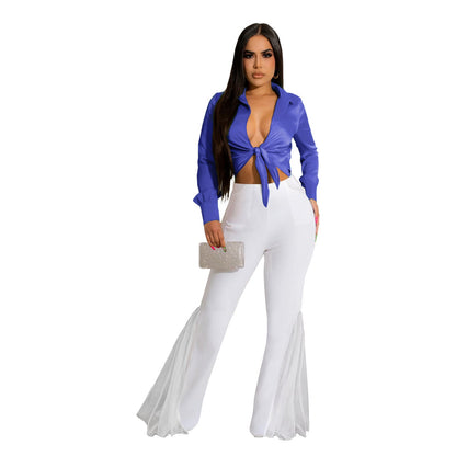 Women Clothing Sexy High Waist Split Slimming Easy Matching Mesh Patchwork Pocket Bell Bottom Pants
