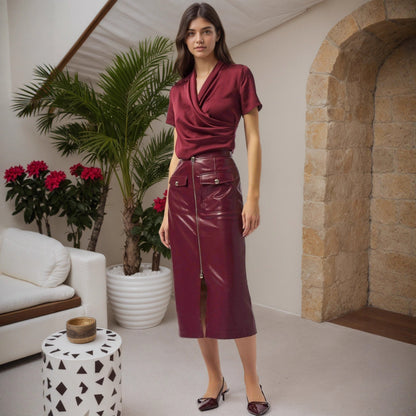 Autumn Design High Waist Slim Fit Slimming with Metal Zipper Elegant Faux Leather Skirt