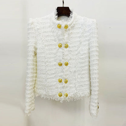 Goods Autumn Winter Star Tassel Fringe Tweed Stand Collar Slim Fit Jacket