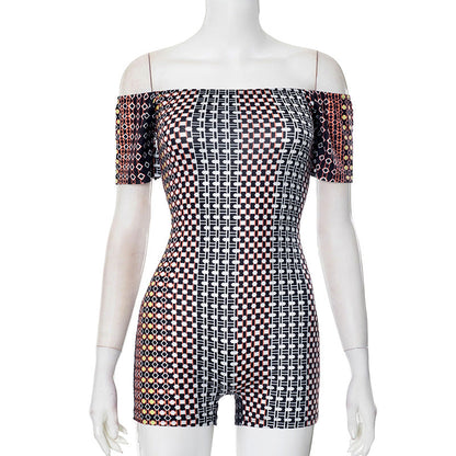 Women Clothing Spring Summer Print off Shoulder Short Sleeve Pullover Tight Romper