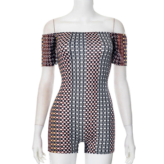 Women Clothing Spring Summer Print off Shoulder Short Sleeve Pullover Tight Romper