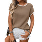 Women Round Neck Collar with Contrast Color Top Sweater with Short Sleeves