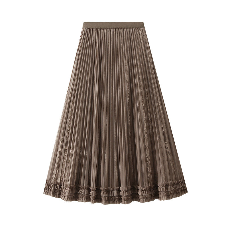 Two Way Wear Mesh Skirt Women Autumn Winter Elastic High Waist Mid-Length A line Pleated Skirt