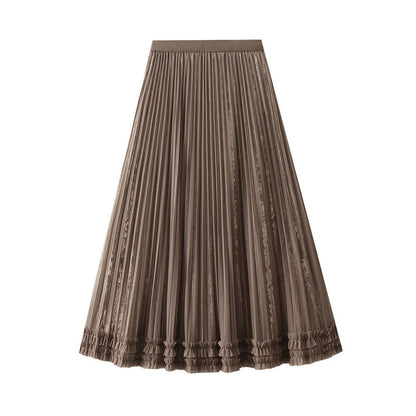 Two Way Wear Mesh Skirt Women Autumn Winter Elastic High Waist Mid-Length A line Pleated Skirt