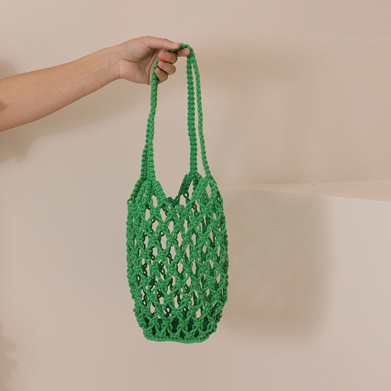 Hollow Out Cutout Cotton Thread Woven Bag Shoulder Handmade Straw Bag Fishing Net Bag Seaside Vacation Beach Bag Women Bag