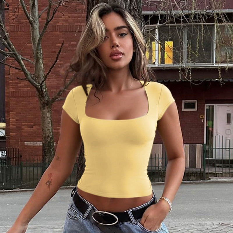 Sexy Women Clothing Summer Solid Color Square Collar Short Sleeve Slim Fit Slimming T shirt Vest Top