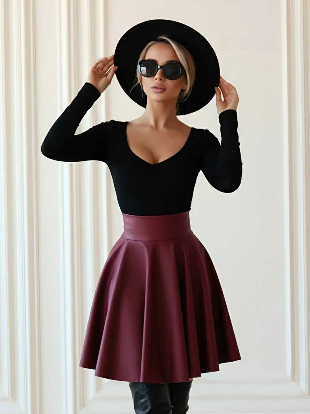 Leather Jacket Women Clothing Autumn Winter High Waist Big Swing Faux Leather Skirt Umbrella Skirt