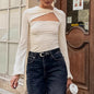 Fall Women Clothing Lightly Mature Hollow Out Cutout out Shoulder T shirt Long Sleeve Slim Fit Slimming Irregular Asymmetric Solid Color Top