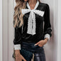Retro Patchwork Lace Lace Collar Long Sleeve Bow Velvet Shirt Women Autumn Winter