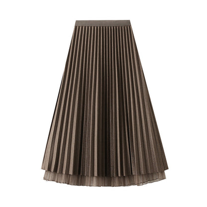 Women Autumn Mid Length Elastic Waist Mesh Skirt Reverse High Waist Slimming Pleated Skirt