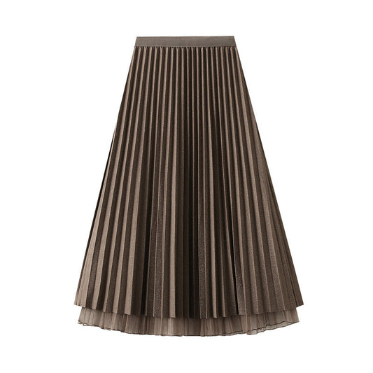 Women Autumn Mid Length Elastic Waist Mesh Skirt Reverse High Waist Slimming Pleated Skirt