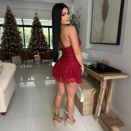 Woomen Tube Top Lace Romper Solid Color