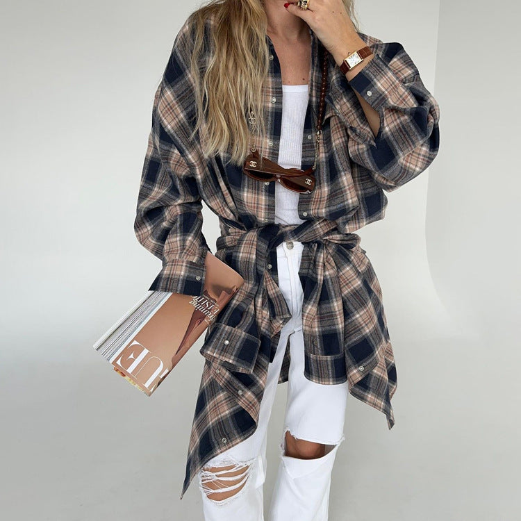 Autumn Winter Classic Retro Boyfriend Plaid Shacket Women All Match Loose Shirt