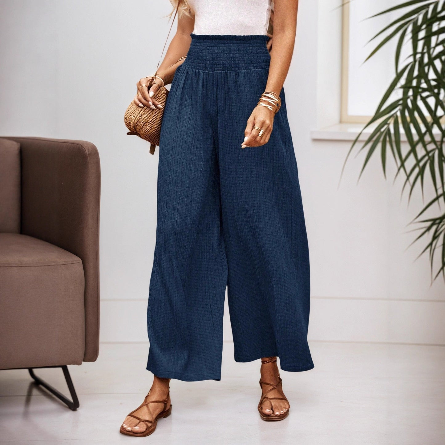 Summer High Waist Casual Three Dimensional Line Pleated Design Elastic Waist Loose Wide Leg Pants