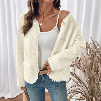 Women Clothing Lace V neck Jacket Coat Classic Autumn Winter Long Sleeve Cardigan Top