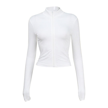 Women Long Sleeve Half Turtleneck Zipper Cardigan Short Tight Sexy Slim Top T shirt