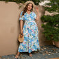 Plus Size Dress Summer Art Painted Floral Elastic Waist Short Sleeve Dress