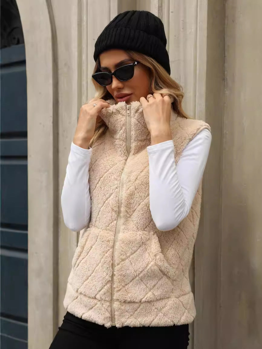 Women Clothing Autumn Winter Cardigan Zipper Loose Diamond Lattice Coat Plush Vest