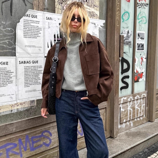 Autumn Winter Long Sleeve Suede Coat Brown Small Business Suit Zip Top Jacket Women Clothing