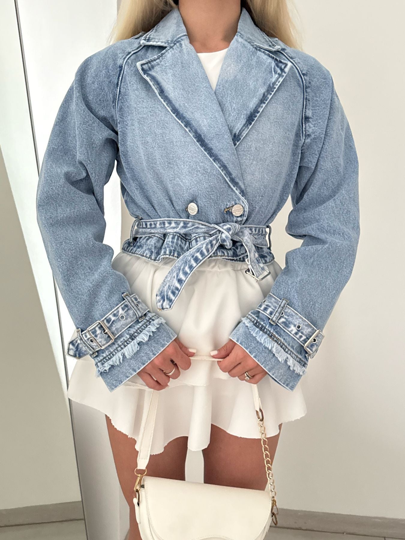 Women Collared Long Sleeve Denim Wind Breaker Coat