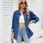 Women Clothing Washed Loose Long Sleeve Snap Fastener Denim Lining