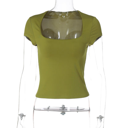 Sexy Women Clothing Summer Solid Color Square Collar Short Sleeve Slim Fit Slimming T shirt Vest Top