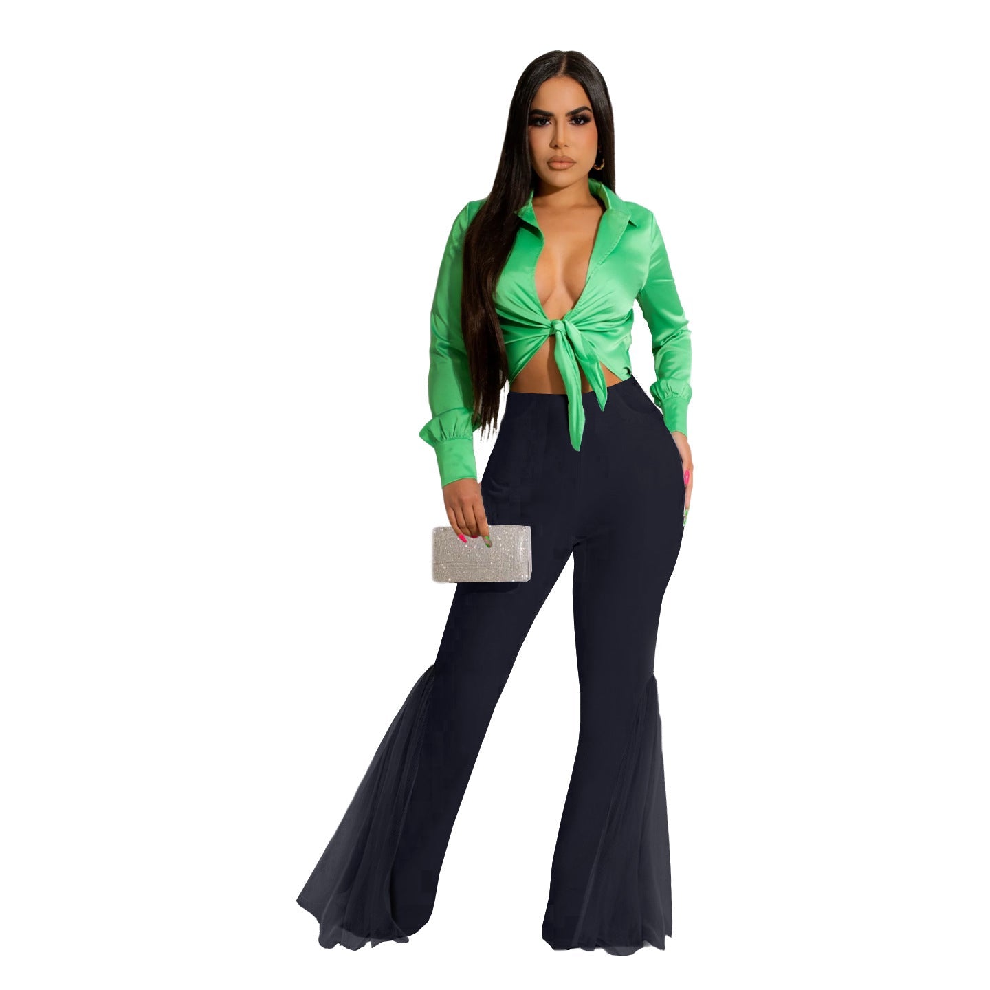 Women Clothing Sexy High Waist Split Slimming Easy Matching Mesh Patchwork Pocket Bell Bottom Pants