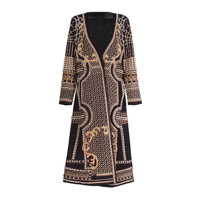 Elegant Profile Baggy Coat Women Autumn V neck Hidden Hook Printed Design Long Trench Coat