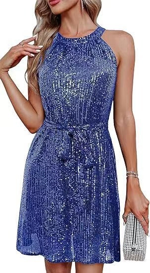 Women Clothing Sequ Dress Half Halter Collar Sleeveless Sparkling Dress
