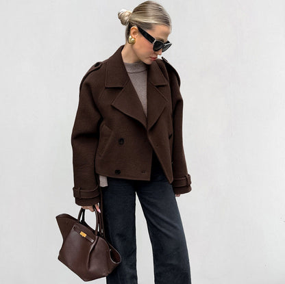 Autumn Winter Collared Elegant Double Breasted Woolen Coat Office Coat Women