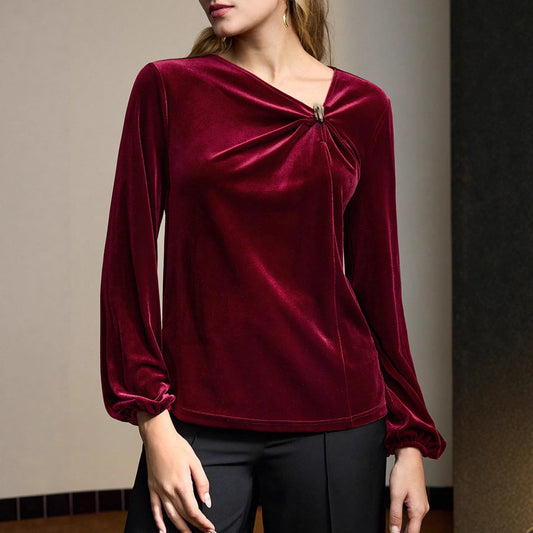 Women Clothing Autumn Velvet Pleated Long Sleeved Shirt Twisted Shoulder Collar Shirt