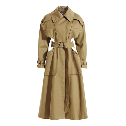 High Grade Long Trench Coat Women Spring Autumn Special Interest Design Deconstructed Hollow Out Cutout long Sleeve Cropped Outfit Lace up Coat