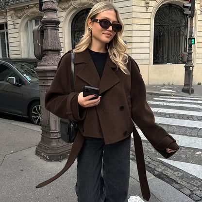 Autumn Winter Collared Elegant Double Breasted Woolen Coat Office Coat Women