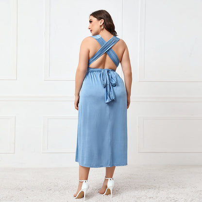 Plus Size Irregular Asymmetric Formal Dress Women Cross Backless Sexy Lace up Dress