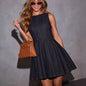 French Retro Denim Dress - Sleeveless Crew Neck Figure Flattering Short Dress