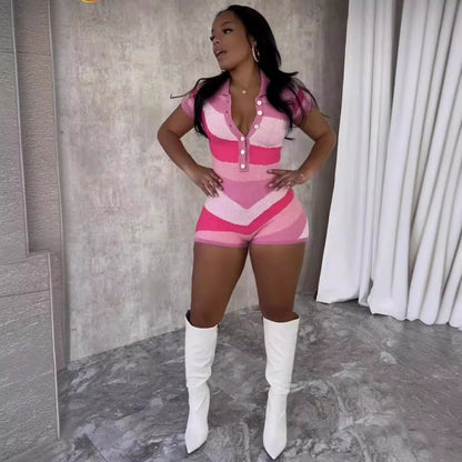 Women Short Sleeve Collared Casual Knitted Jumpsuit Color Contrast Sexy Tight Romper