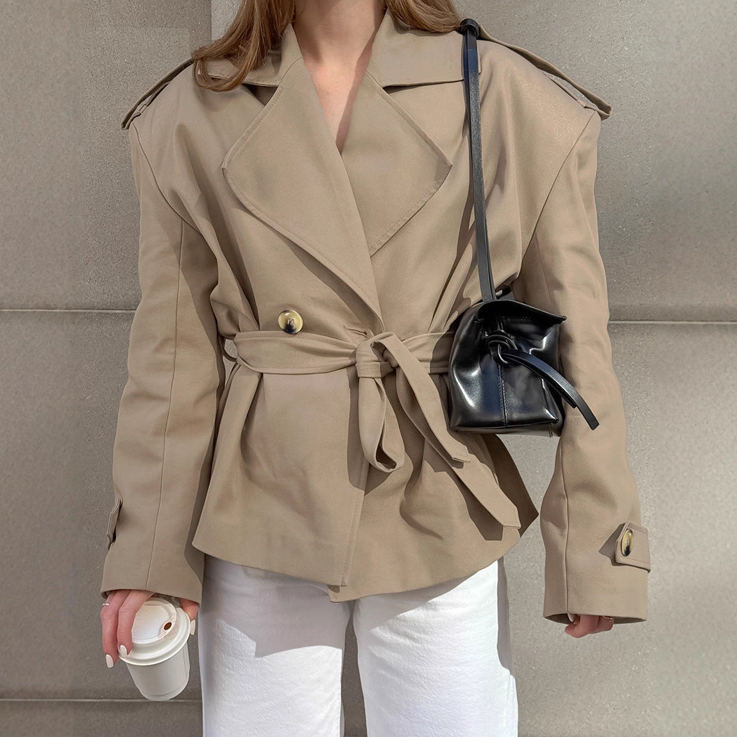 Autumn Design Trendy Casual Lace up Tight Waist Mid Length Khaki Trench Coat for Women