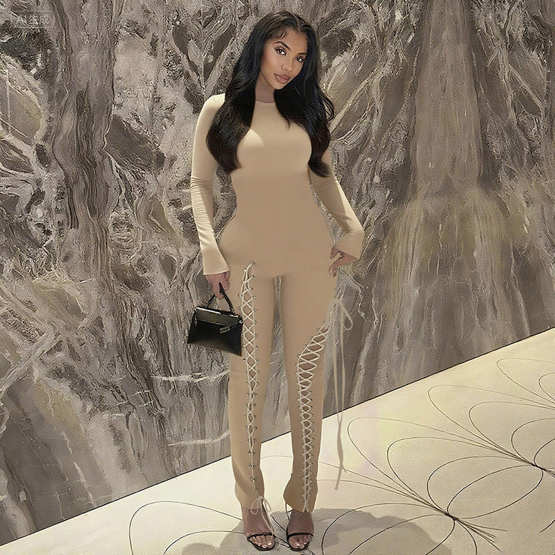 Fall Sexy Solid Color Waist Tight Hollow Out Cutout out Strap Tight Jumpsuit