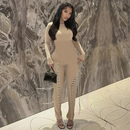 Fall Sexy Solid Color Waist Tight Hollow Out Cutout out Strap Tight Jumpsuit