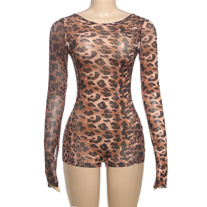 Women Spring Clothing Sexy Horn Long Sleeve Contrast Color Leopard Print Backless Sexy Siamese Shorts