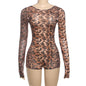 Women Spring Clothing Sexy Horn Long Sleeve Contrast Color Leopard Print Backless Sexy Siamese Shorts