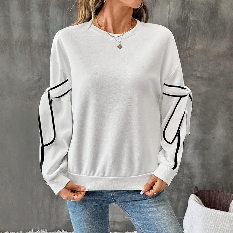 Autumn Contrast Color Three Dimensional Bow round Neck Long Sleeve Pullover Hoodie Women